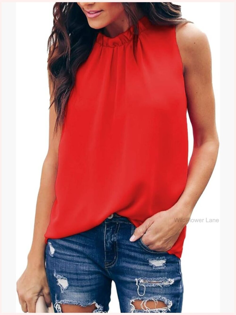 Ruffle Trim Tank Top Double Lined Chiffon Blouse Sleeveless